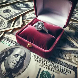 A diamond ring in a red jewelry casing and the jewelry case is open showing the diamond ring and the jewelry case is on top of many hundred dollar united states bills